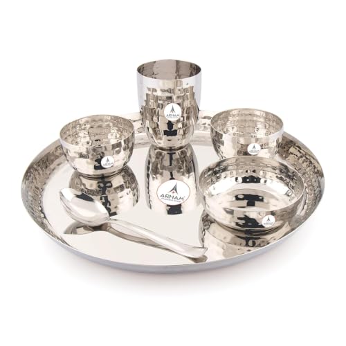 Image of Arham Stainless Steel Dinner Set | 6 Pcs (1 Set) | Premium Heavy Weight Hammered Dinner Set for Gift | 6Pcs Regular Size (1 Plate, 1 Halwa Plate,2 Bowl /Wati, 1 Glass, 1 Spoon) | Premium DinnerWare