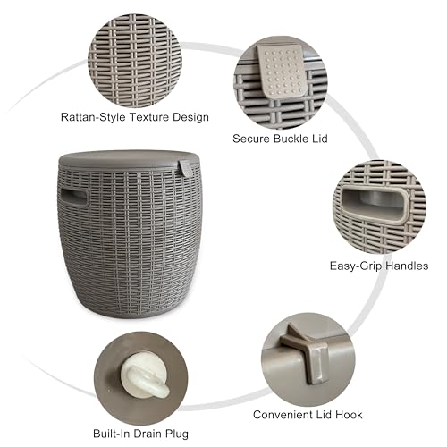 Rattan Outdoor Storage Stool, Outdoor Furniture, 37L, Ice Cooler, Wicker Round Ice Chest, Outdoor Patio Bar Table, Beverage Bucket with Drain Plug for Poolside, Deck, Party, and BBQ - Image 5
