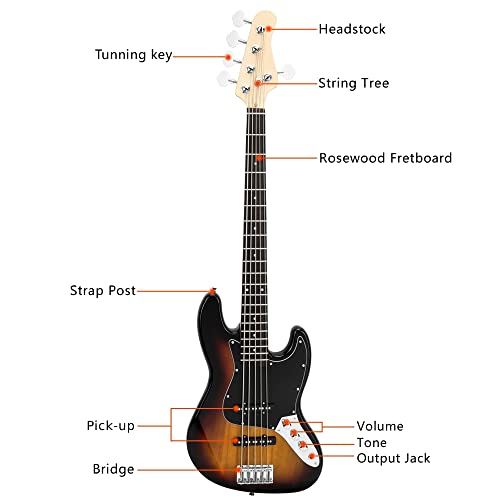 Ktaxon Electric Bass Guitar, 5 String Full Size Jazz Bass Guitars Beginner Kit with Gig Bag, Shoulder Strap, Cable Accessories for Starter, Kids & Adults (Brown Sunburst) - Image 3