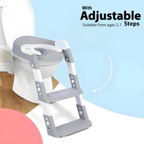 Image of WISHKEY Potty Training Seat with Adjustable Step Ladder, Foldable Design, Non-Slip Safety Steps, Soft Removable Seat, (Grey)