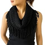 stylesilove Two Tone Womens Winter Warm Mini Tube Infinity Scarf With Fringe (Black)