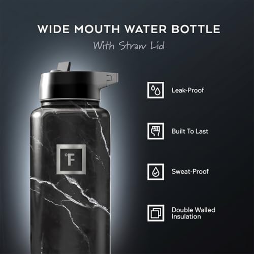 Image of IRON FLASK 40 oz Wide Mouth Water Bottle with Straw | Insulated Stainless Steel Sports Water Bottle with Leakproof Straw Lid - BPA Free, Cold 24 Hrs, Sweat Free (Black Marquina)