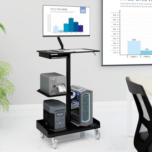 Natwind Mobile Workstation Cart with Monitor Mount,Height Adjustable Rolling Computer Cart, Heavy-Duty Rolling Standing Desk with CPU Holder for Home Office, School,Warehouse, Medical（Black）