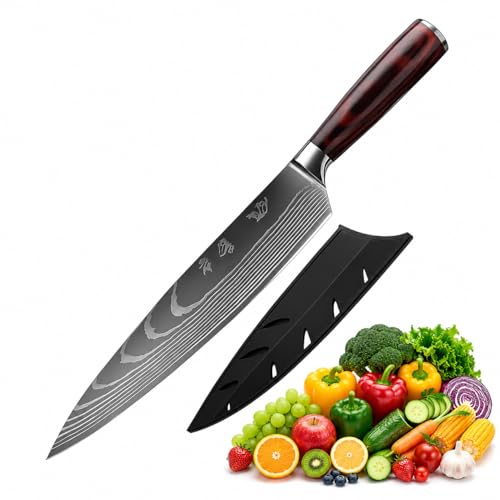 Image of Professional Chef Knife - 8 Inch Japanese Style Kitchen Knife with Hammered Stainless Steel Blade & Wood Handle-Ultra Sharp Multipurpose for Vegetables & More (Cover Knife)