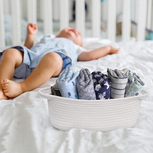 Image of Small Woven Gift Basket, Baskets for Gifts Empty, Cotton Rope Cat Dog Toy Bin Box, Nursery Baby Basket, Wicker Basket with Handles, Cute Storage Basket for Home Decor, White, 12 inchx 8 inchx 5 inch