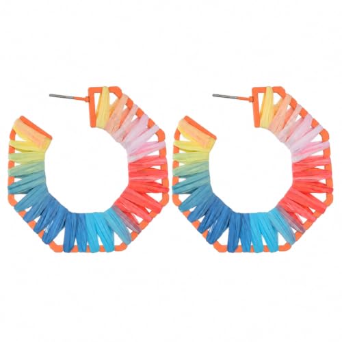 Image of Young & Forever Boho Rainbow Raffia Earring Pack - Handmade Woven Straw Geometric C-Hoop, Heart & Statement Drop Earrings for Women, Summer Beach Vacation Jewelry