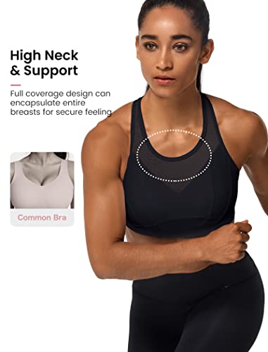 Yvette High Neck Supportive Sports Bra - No Bounce Soft Moisture Wicking For Running Racerback Plus Size Black #TOP2