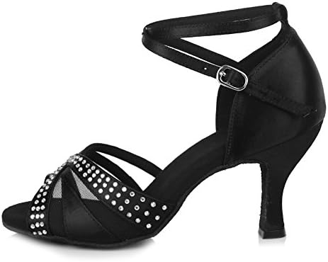 YKXLM Women Latin Dance Shoes Satin Rhinestone Ballroom Salsa Tango Professional Performance Practice Dancing Shoes,AF420-6.5,Black,8US