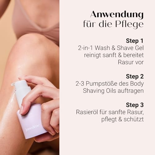 juno & me - Happy Shaving Set: 3er-Set für die Rasur am gesamten Körper - enthält Rasieröl, Rasiergel & After Shave Öl - Milchsäure, Hanfsamenöl & Aloe Vera - gegen Rasierpickel & eingewachsene Haare