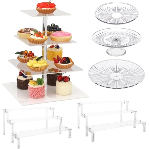 DORMIYA 6 Pcs Acrylic Dessert Table Display Set, Including 2 Display Risers, 3-Tier and 4-Tier Cupcake Tower, Clear Round Dessert Trays, Cake Stands for Parties, Weddings, and Events