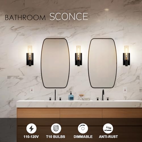 Image of 1-Light Wall Sconces Set of 2, Modern Bathroom Sconces Wall Lighting with Clear Glass, Black & Brushed Brass Wall Mount Lights for Living Room Corridor Mirror Bedroom Stairway, E26 Base