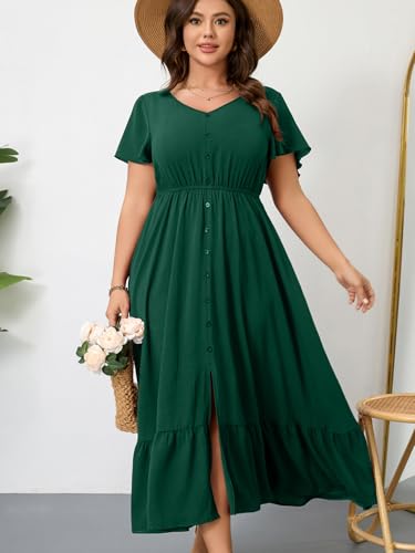 Image of RWJ Women Plus Size Maxi Dress V Neck Short Sleeve Button Trim Split Flowy Tiered Casual Long Dresses 2025 L-3XL