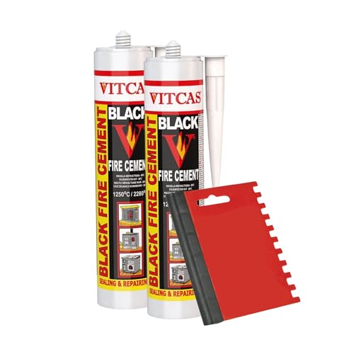 Fireplace Ready Mix Black Fire Cement Bundle for Indoor Use, Perfect for Log Burners, Stoves, Boilers & Fire Bricks, Includes x2 Vitcas Black Fire Cement 310ml Cartridges + Applicator Tool