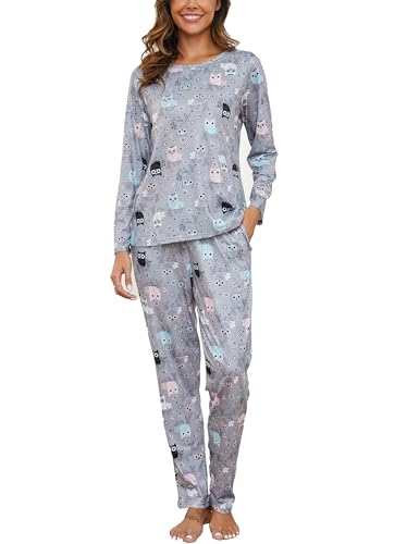 GAESHOW Pyjamasset för kvinnor, kvinnors bomull långärmad pyjamasset, bekväm pyjamas för damer, loungewear med fickor, pyjamasset för alla årstider S-XXL, blomma, XXL