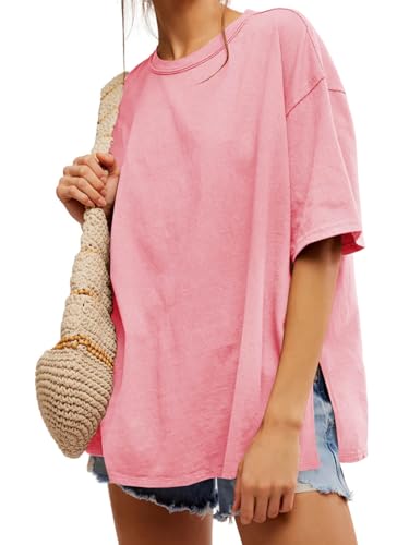 Image of Tankaneo Womens Oversized Tshirts Summer Casual Short Sleeve Crew Neck T Shirt Loose Fit Side Slit Tee Tops