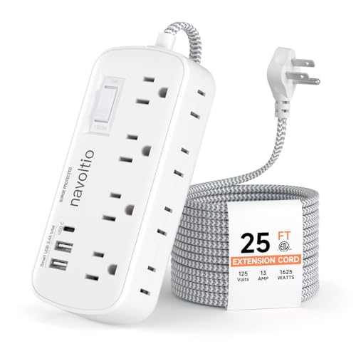 Extension Cord 25 FT Multiple Outlets - Surge Protector Power Strip 8 AC Outlets 3 USB (3.4A 17W) 1080 Joules Flat Long Braided Cord Wall Mountable for Home College Dorm 13A 1625W