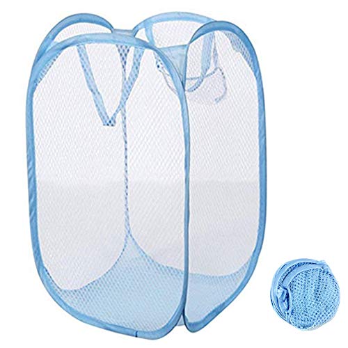 Image of Qtopun Mesh Popup Laundry Hamper Foldable Laundry Basket Portable Dirty Clothes Basket Collapsible Dirty Clothes Hamper for Bedroom, Kids Room, College Dormitory and Travel (Light Blue)