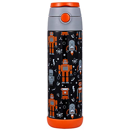 Snug Flask for Kids (500ml) - Vacuum Insulated Water Bottle with Straw (Robots)