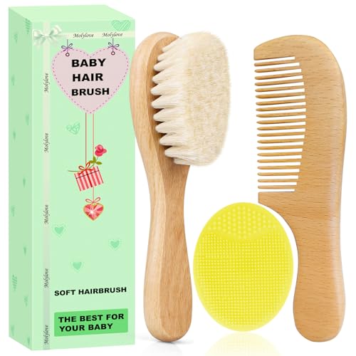 Image of Molylove Baby Hair Brush with Wooden Handle and Comb Set for Newborns & Toddlers | Natural Soft Goat Bristles l Wood comb l Yellow Silicone Brush| Ideal for Cradle Cap (3PCS)