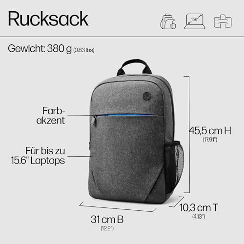 HP Prelude Laptoprucksack 15,6 Zoll – wasserabweisend, leicht & robust – Notebook Rucksack für Reisen, Business, Schule & Uni – gepolstert, mit Trolley-Gurt & Zubehörfächern – Grau