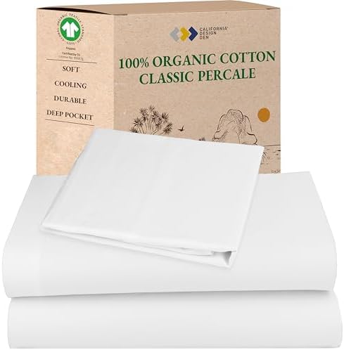 California Design Den Queen Sheet Set - Soft 100% Organic Cotton Sheets with Deep Pockets, Crisp Percale, Breathable and Durable Bedding Set - White - Thumbnail 4