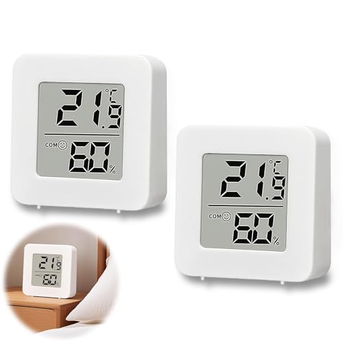 2 pièces Mini Thermomètre LCD, Hygromètre Numérique, Thermomètre Sans Fil, Mesure de l'Humidité pour Chambre de Bébé, Salon, Bureau, Serre (Blanc)
