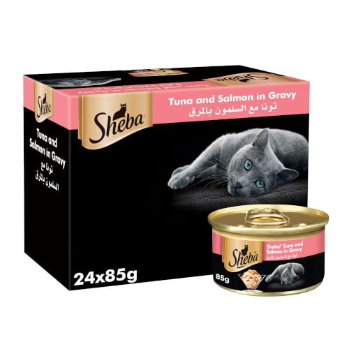 Sheba Cat-Food Tuna & Salmon Can Made from Natural Ingredients Essential Vitamins and Minerals this is a Grain Free Formula Suitable for Sensitive Cats Pack of 24x85g