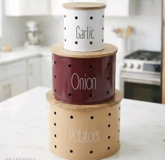 Image of Set of 3 Potato Onion & Garlic Storage Container For Kitchen | Storage Container For Kitchen Storage with Lid. (Multicolour)