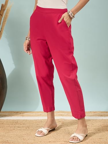 Image of D K W Women's Mid Rise Relaxed Fit Cotton Flex Trousers with Elastic Back & Drawstring - Ideal for Winter, Formal, Office & Casual Wear, Comfortable for Girls and Women