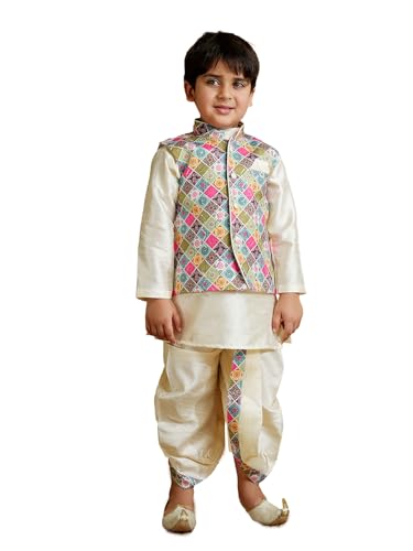 Image of AJ DEZINES Kids Silk Blend Full Sleeve Embroidered Dhoti Kurta Set for Boys - Ethnic wear | Traditional & Festival Wear|Waistcoat for boys - Regular Fit