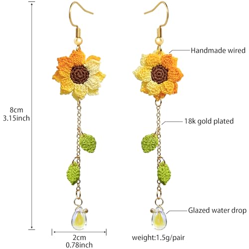 Crochet Sunflower Flower Dangle Earrings for Women Handmade Crochet Flowers Cute Blossom Fairy Dainty Refreshing Floral Long Dangling Earrings for Women Trendy-Summer Boho Beach Jewelry3