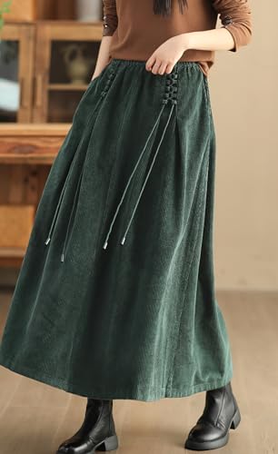 chouyatou Women's Fall Winter Tie Knot Elastic High Waist A Line Corduroy Long Midi Skirt with Pockets3