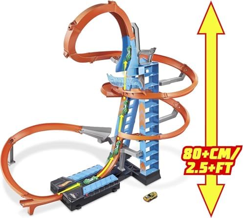 Hot Wheels Sky Crash Tower Track Set, 2.5+ ft / 83 cm High with Motorized Booster, Orange Track & 1 Hot Wheels Vehicle, Race Multiple Cars, Toy for Kids 5 to 10 Years Old & Up - 2