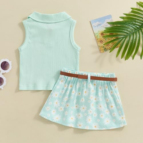 Image of BeQeuewll Toddler Baby Girl Summer Clothes Daisy Flower Girl Outfit Knit Shirt Mini Pleated Skirts Set Outfits for Grils1-4T (Green, 2-3 Years)