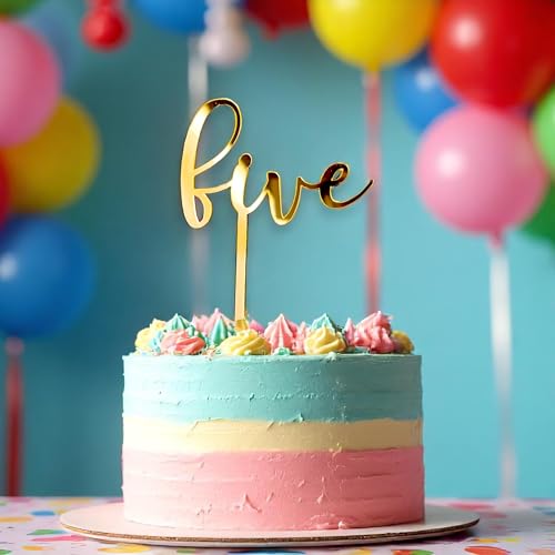 Image of Golden Acrylic Cake Topper | Number Five Cake Decoration for 5th Birthday | Wedding, Anniversary, Party Supplies