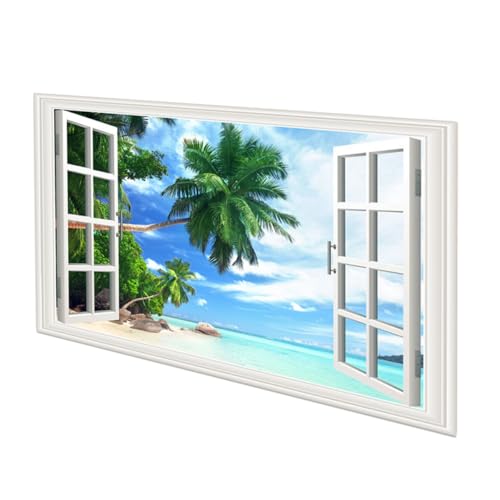FIXOSHEE Calcomanía de Ventana Falsa Paisaje de Playa y Bosque en Vinilo, Adhesivo Suave para Guarderías y Centros Comerciales, 86 X 56 CM