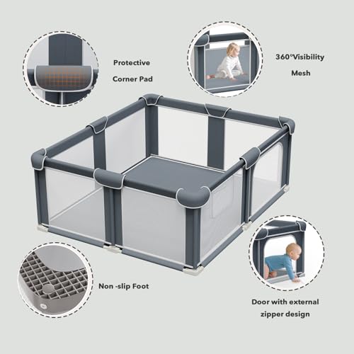 Image of Foldable Playpen for Babies and Toddlers, 71 inchx79 inch Portable Play Yard with Mat, Kids Collapsible Play Pen with Sturdy Metal Frame & Mesh Walls, Indoor & Outdoor Baby Fence Play Area