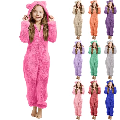 Overol de forro polar con capucha y cremallera para niñas, enterizo de una pieza con forro de felpa de color sólido, cálido de invierno de manga larga con bolsillos para 2-13 años, rosa claro, 140 cm