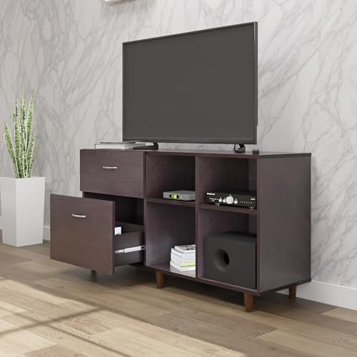 Image of VIKI Modern TV Unit for Living Room | Engineered Wood TV Cabinet with 2 Drawer Storage & 2 Open Shelves, Set Top Box Stand, Entertainment Unit, 140W x 74H x 40D cm | DIY | 1 Year Warranty (Wenge)