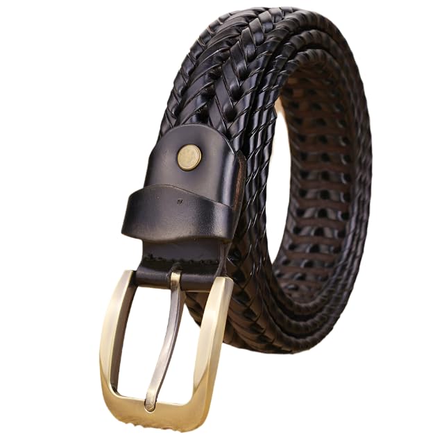 Wide Edition Hand Woven Lacquered Genuine Leather Waistband for Men, 120cm, Brown, Large