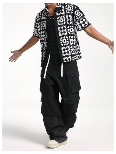 Verdusa Men's Old Money Graphic Button Down Shirts Short Sleeve Collared Knit Top4