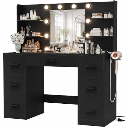 Furmax Vanity Desk with LED Mirror,Power Outlet,7 Drawers Makeup Table