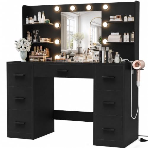 Image of Furmax Vanity Desk with LED Mirror,Power Outlet,7 Drawers Makeup Table