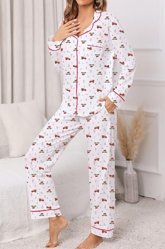 Image of LUBOT Christmas Pajamas for Women 100% Cotton Pajama 2 Piece PJ Set Soft Long Sleeve Button Xmas Print Loungewear XS-XXL