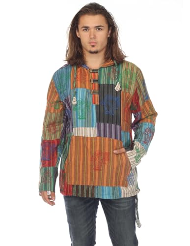 THE COLLECTION ROYAL Men Hippie Patchwork Bohemian Casual Rave Festival Baja Boho Long Sleeve Lightweight Hoodie Tops Shirt