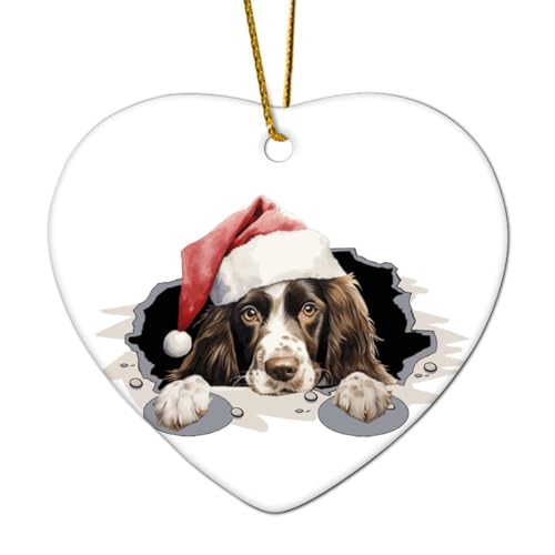 Peeking English Springer Spaniel Weihnachtsschmuck Hund Rasse Hund Kind Tier Herz Porzellan Anhänger Keramik Rustikale Weihnachtskugel Geschenk für Urlaub Weihnachtsbaum Party Dekorationen