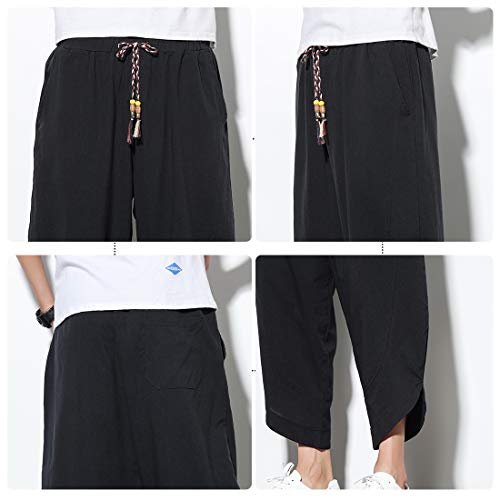 Doslavida Men's Casual Elastic Waist Linen Capri Pants Wide Leg Baggy Cotton Harem Yoga Trousers Loose Patchwork Shorts Solid-Black #TOP6