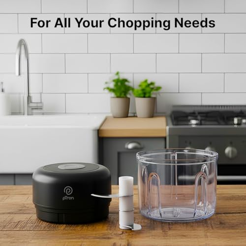 Image of pTron EaseMate Chopper S1, Rechargeable Mini Electric Chopper, Food Grade Bowl, 3 Stainless Steel Blades, One-press Operation, for Mincing Garlic,Ginger,Onion,Vegetable, 250ml, Type C Charging (Black)