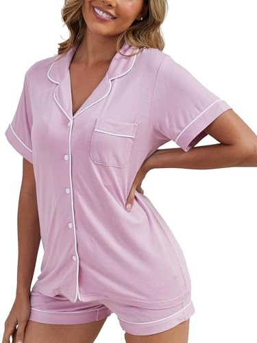 Image of Women Button Down Pajamas Set Cute Short Sleeve Soft Sleepwear Two Piece Lounge Set, Pink, XX-Large