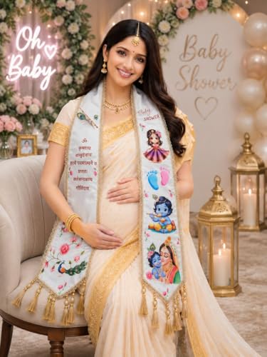 Image of Mom to Be Baby Shower Dupatta for Godh Bharai and baby shower Stoles with Bal Krishna Print, Ceremonial Festive Seemantham Functions FREE Shreenathji Brooch Pin for Dad to Be